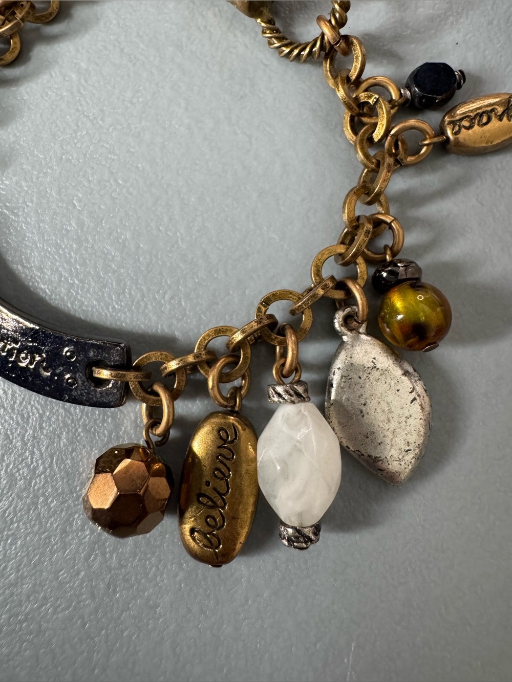 Chico's Gold-Tone Charm Bracelet with White and Amber Accents motivational boho - Picture 4 of 7